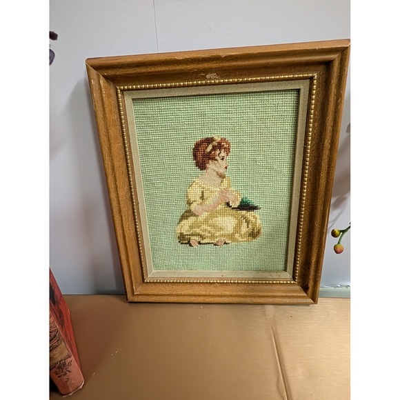Other - Vintage Framed Needlepoint‎ Art Little Girl Embroidery Wall Decor Home Accent